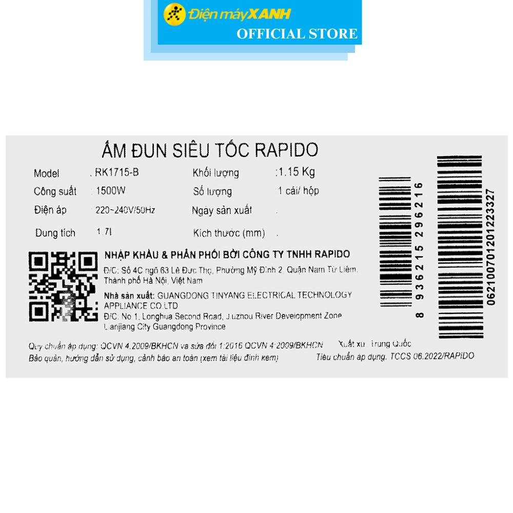 Bình đun siêu tốc Rapido 1.7 lít RK1715B - Hàng Chính Hãng