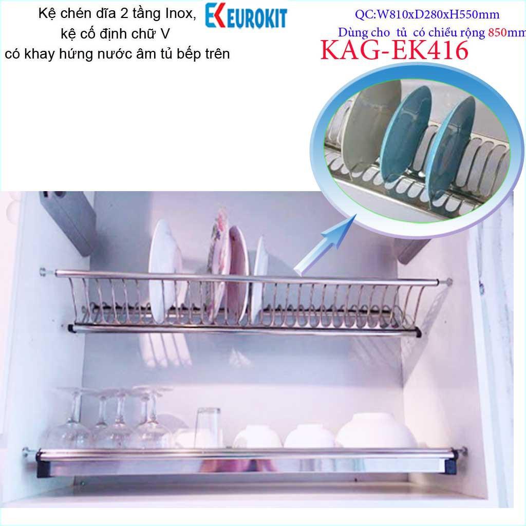 Kệ chén dĩa âm tủ chữ V KAG-EK416-85cm, Kệ chén bát 2 tầng Eurokit inox bóng cao cấp