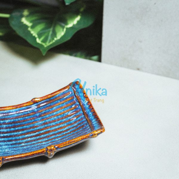 Khay nan mmen xanh sóng biển 4 size - Đĩa hình nan men xanh hỏa biến - Gốm sứ Bát Tràng