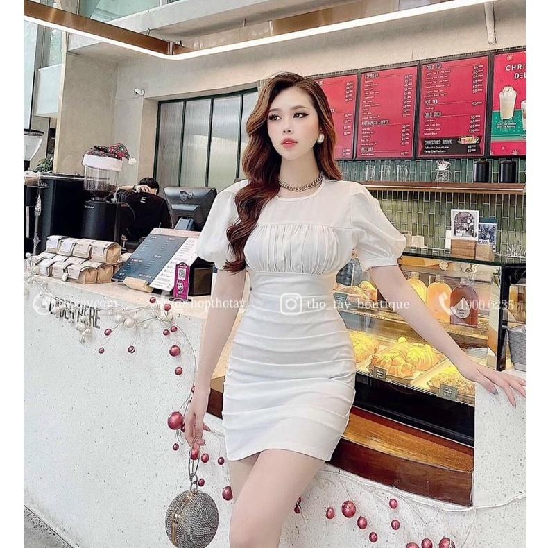 Đầm body xếp ly tay phồng cổ tròn nhún ngực sang chảnh