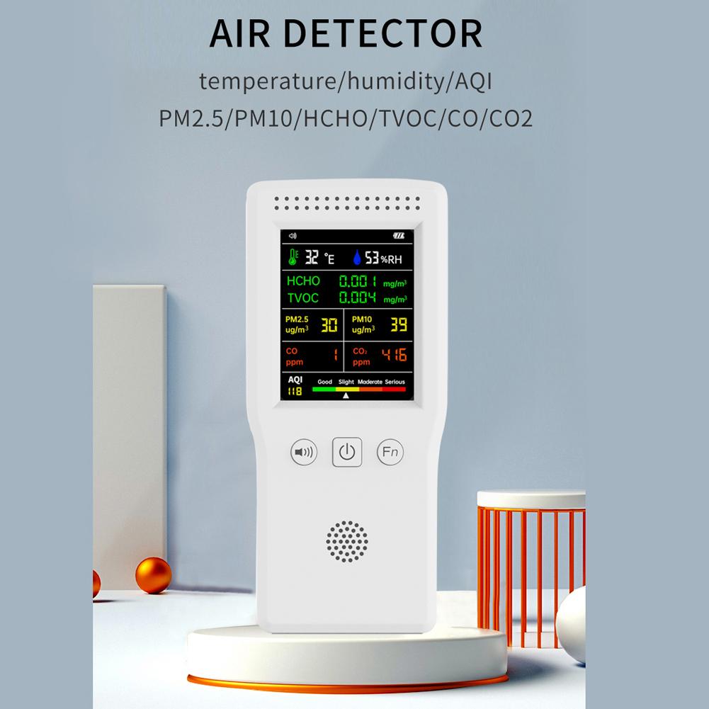 Máy Dò Chất Lượng Không Khí Di Động Cầm Tay Nhiệt Độ 9 Trong 1 Độ Ẩm PM2.5 PM10 HCHO TVOC CO CO2 AQI Máy Dò Chất Lượng Không Khí Đa Chức Năng Màn Hình Màu LCD Có Đèn Nền