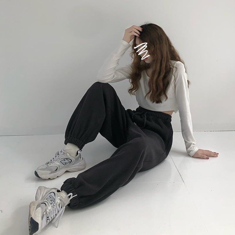 Quần jogger nữ trơn from quần ống rộng chun gấu vải nỉ ép không xù