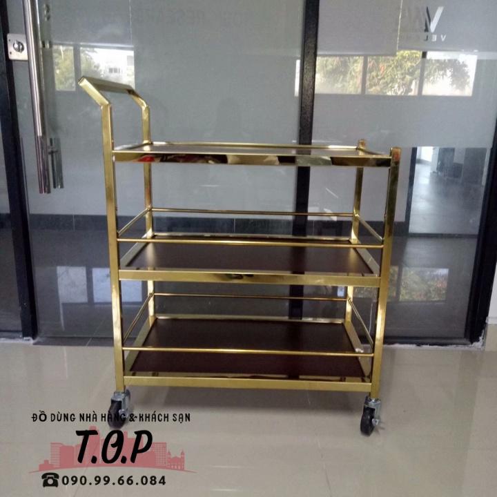 Xe Đẩy Phục Vụ Rượu Trà, Thức Ăn 3 Tầng Inox Vàng Và Gỗ.