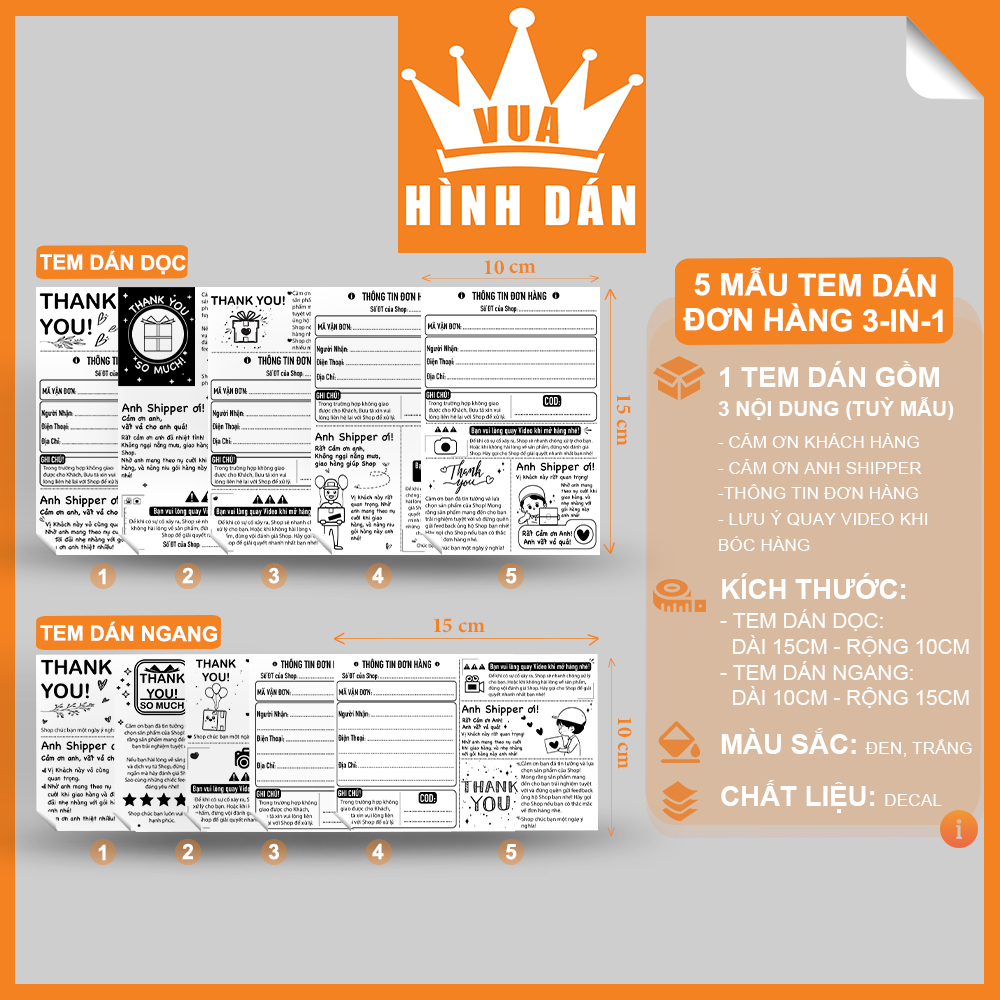 Set 50/100 tem / sticker / decal 15x10cm 3 in 1: Cám ơn khách, Gửi Shipper, mã đơn hàng, lưu ý khách khi mở hàng - dành cho shop