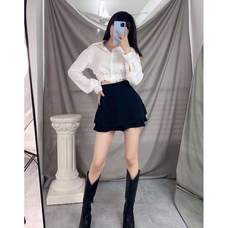 Áo sơmi croptop gi-lê viền trắng đen