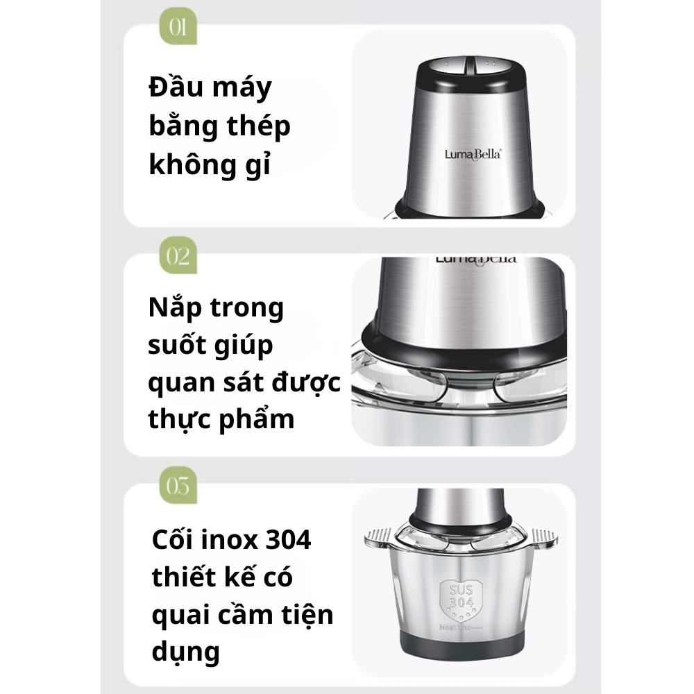 Máy xay thịt cối INOX304 Lumabella LB-56002 dung tích lớn 3L, công suất cao 800W, 4 lưỡi đa năng xay nhuyễn thịt cá nhanh chóng - DELIYA - HÀNG CHÍNH HÃNG