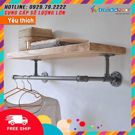 kệ gỗ treo tường ống nước giá để sách kiêm treo quần áo decor vintage trang trí nhà, quán cafe