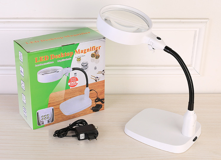 Kính lúp 10x để bàn tích hợp kẹp bàn đa năng có 6 hạt đèn led chiếu sáng M764