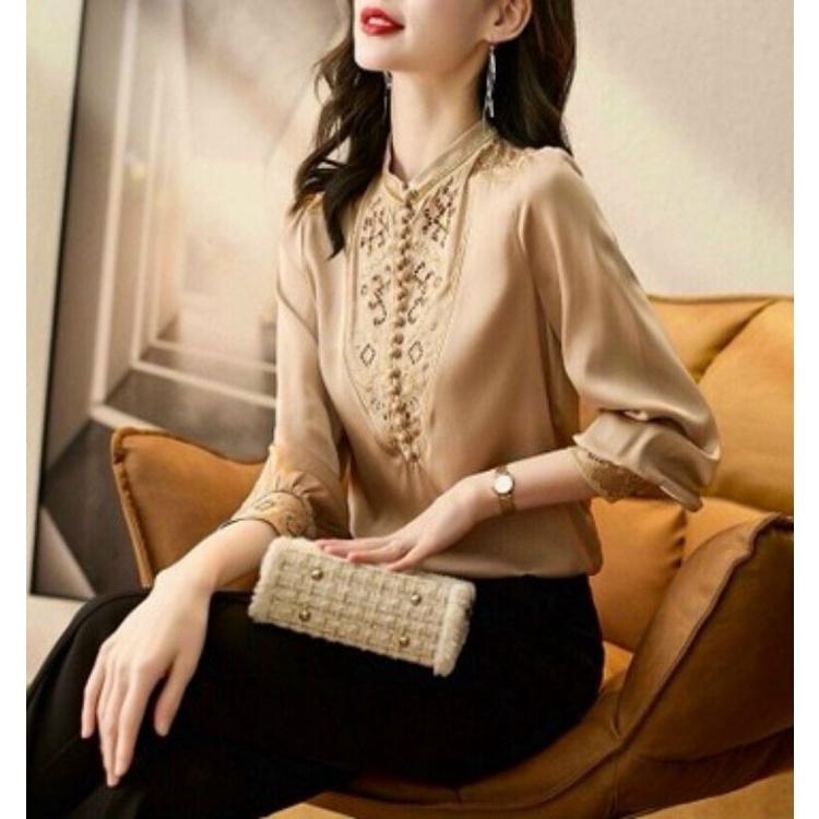 ÁO SƠ MI LỤA NÚT BỌC CỔ TRỤ