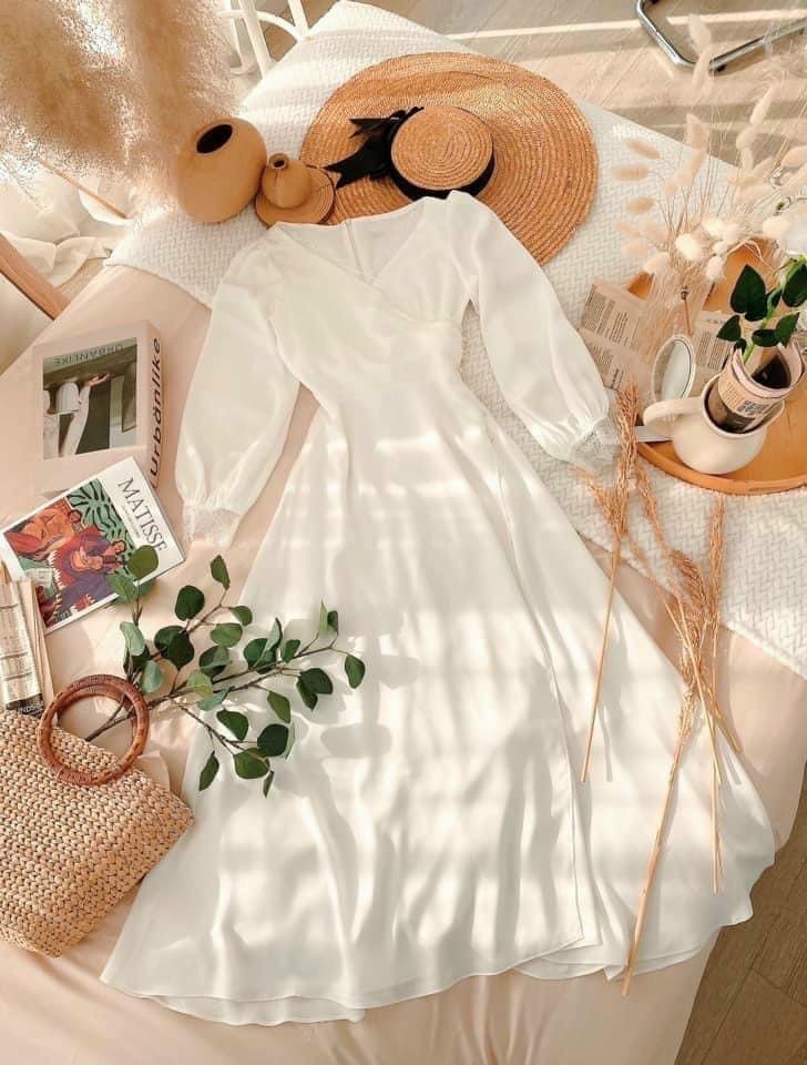 ĐẦM XÒE CHÉO NGỰC VIỀN REN KẾT HẠT EO 73667758