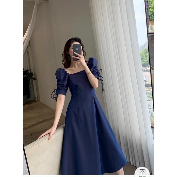 Đầm midi xanh navy tay rút phồng