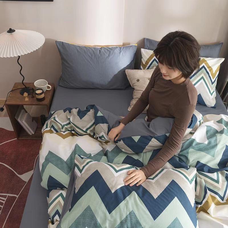 Set Ga Gối Cotton Living 100%cotton Hàng Nhập Khẩu Cao Cấp 4 Món Kẻ Hiện Đại