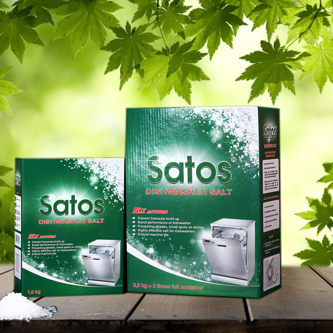 Combo bột rửa bát sinh học Satos 1.5kg + nước bóng hữu cơ Satos 500ml + muối Satos 1.5kg