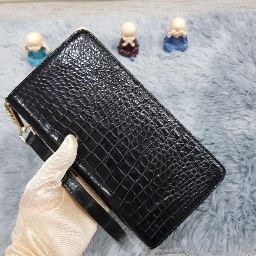 Ví Cầm Tay Da Cá Sấu | Ví Clutch Cá Sấu Gù Da Bụng 2 Khóa | Màu Đen |