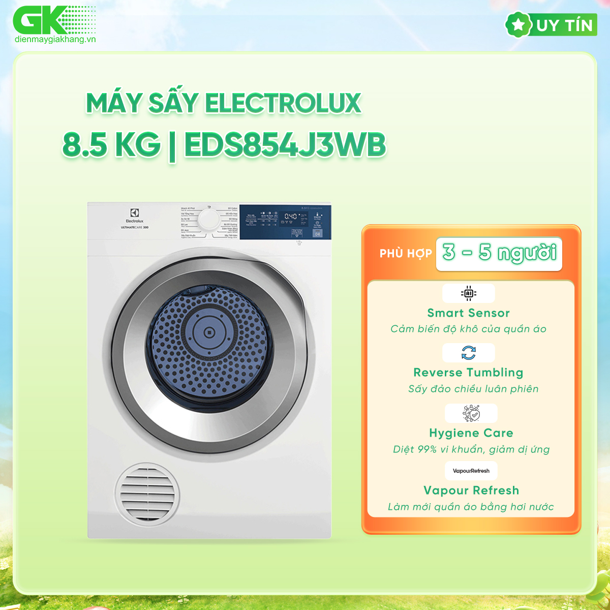 [Free Giao lắp] Máy sấy thông hơi Electrolux 8.5kg EDS854J3WB - Làm mới áo quần và giảm nhăn, Lồng giặt chuyển động luân phiên, giảm nhăn [Hàng chính hãng]