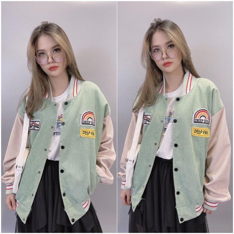 Áo Khoác Kaki Nhung Gân Hàng Quảng Châu Logo Thêu Nổi Bomber Jackets Kaki Form Rộng Unisex CẦU VÒNG