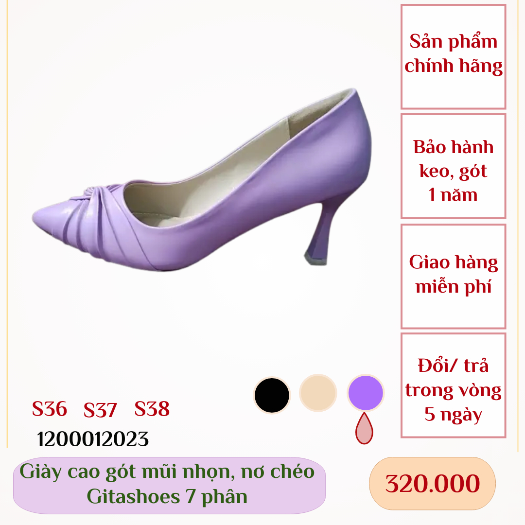 Giày cao gót gitashoes mũi nhọn, nơ chéo, cao 7 phân- 1200012023