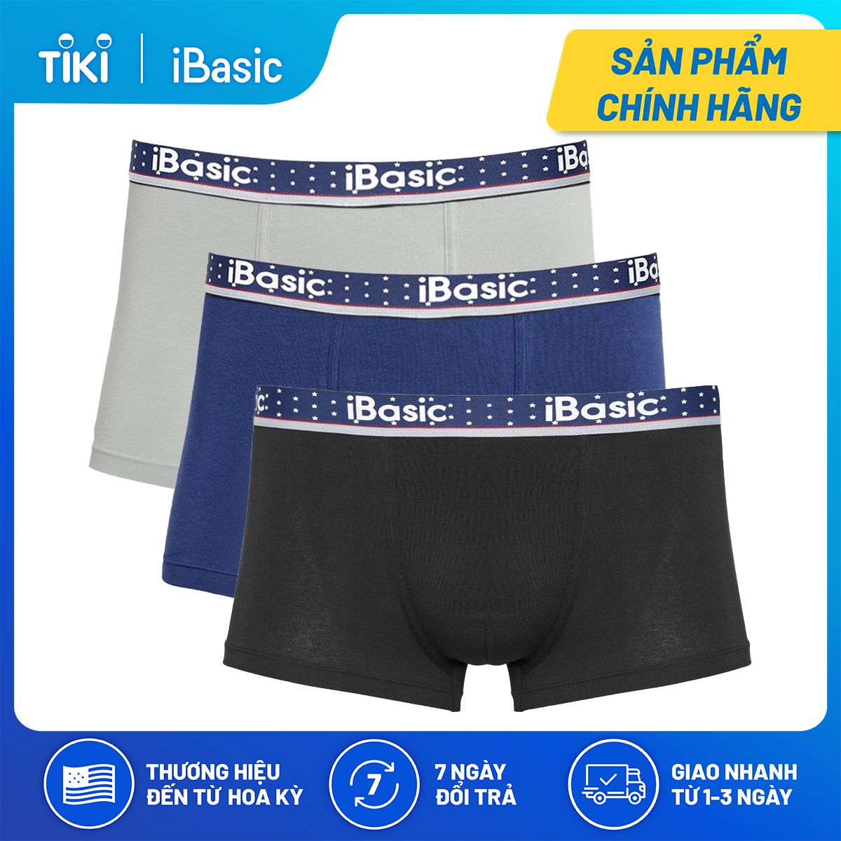 Combo 3 quần lót nam trunk iBasic PANM078 - Đen/Xám/Xanh