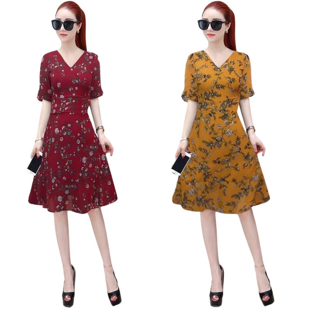 Đầm Váy Nữ Sang Trọng Cổ Chữ V - Hoa Nhỏ