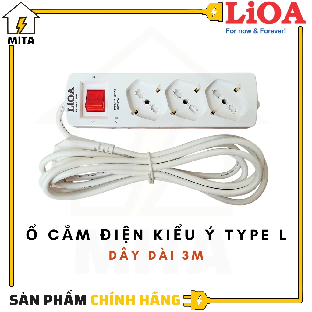 Ổ cắm điện LiOA kiểu Ý Type L công suất 16A dây dài 3m 3 lõi