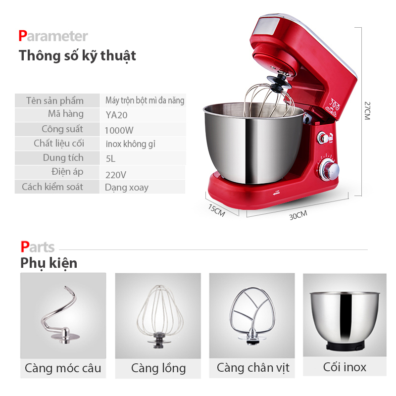 Máy trộn bột máy đánh trứng cỡ lớn đa năng bát inox 5 lít/6.5 lít công suất 1000W /1300W