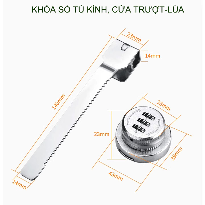 Khóa tủ kính mở bằng 3 mã số có thể thay đổi được, loại cánh không khung mở trượt, lùa