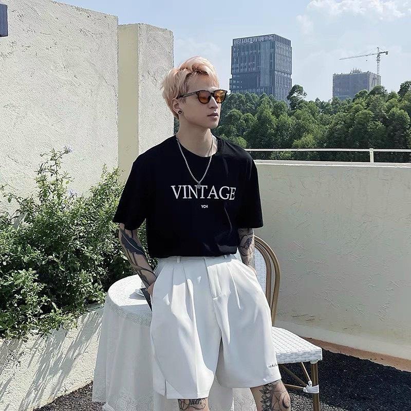 Áo Thun Nam In Chữ VINTAGE đơn giản hai màu đen trắng basic