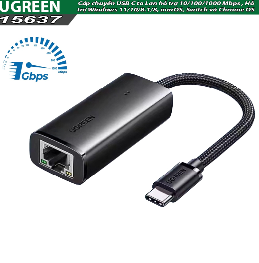 Cáp chuyển USB-C qua Lan Ugreen 15637 hỗ trợ 10/100/1000Mbps, Windows 11/10/8.1/8, macOS - Hàng chính hãng