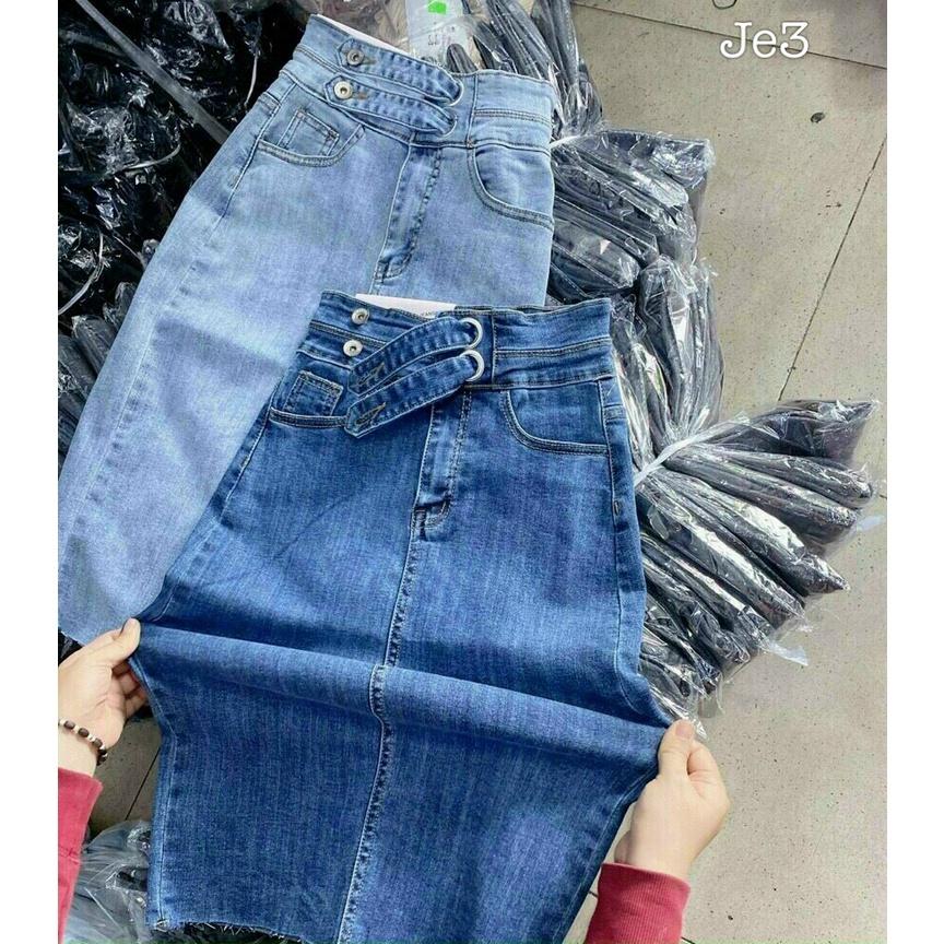 Chân Váy Jean Dài Nữ Phối 2 Khoen Gài Trước Chất Jean Coton Co Dãn 4 Chiều Mẫu Hót Thuydieushop97
