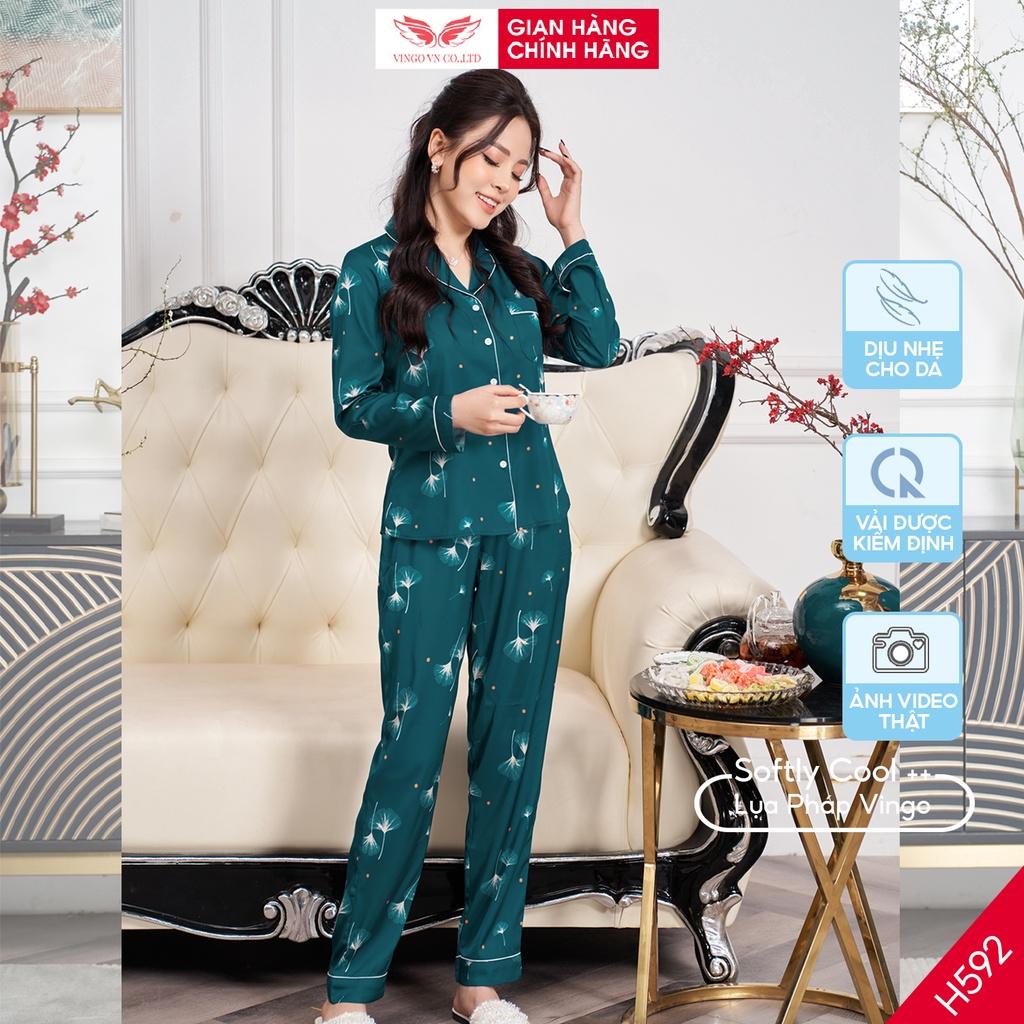 Đồ Bộ Ngủ Nữ Pijama Mặc Nhà VINGO Lụa Pháp Cao Cấp Tay Dài Quần Dài Họa Tiết Lá Ngân Hạnh Sang Chảnh H592 VNGO