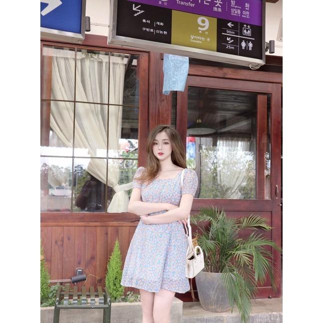 ĐẦM HOA XANH VOAN 2 LỚP TAY NGẮN CỔ VUÔNG DÁNG XÒE-hình thật shop chụp