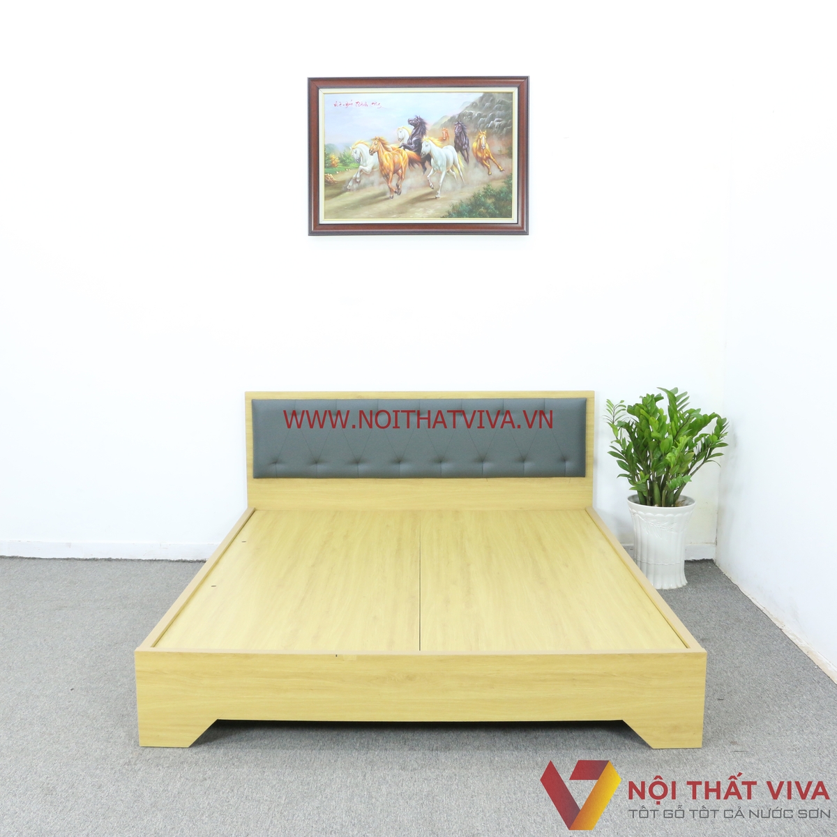 Giường Ngủ Gỗ MDF Chân Cao Đầu Nệm Xanh Đậm