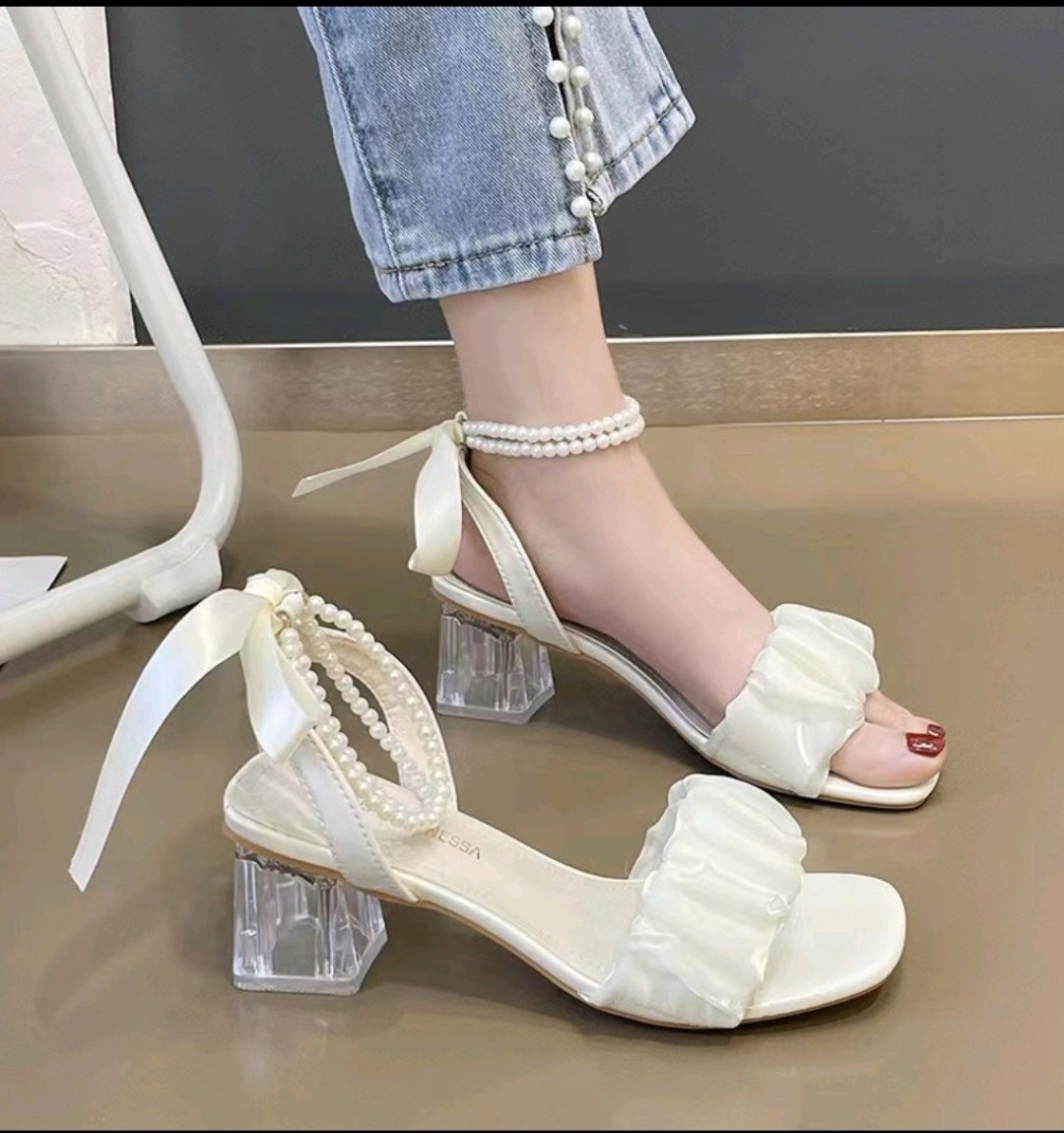 Sandal cao gót nữ quai voan gót trong 5 phân, sandal nữ gót trong chuỗi ngọc