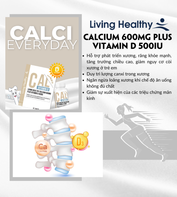 Viên uống bổ sung canxi Living Healthy Calcium 600mg Plus Vitamin D 500IU, Hộp 60 viên