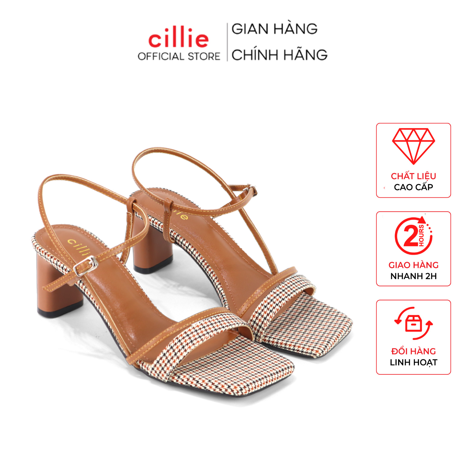 Giày sandal nữ cao gót quai ngang phối vải bố gót vuông cao 7cm đi học đi chơi dạo phố Cillie 1108