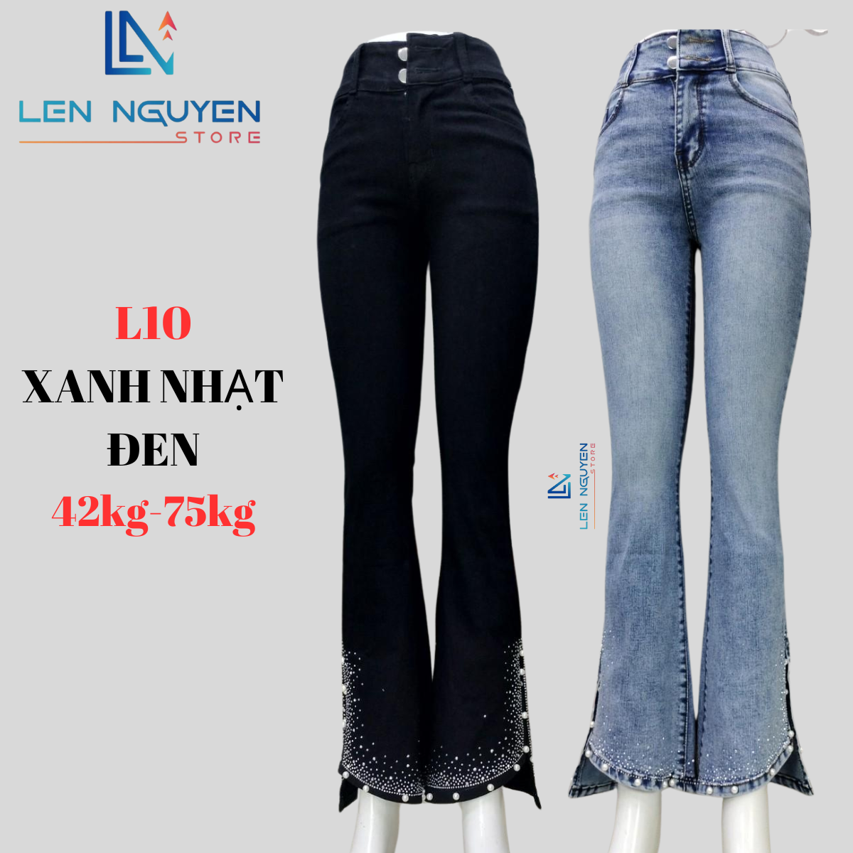 L10_QUẦN JEAN NỮ LOE DÀI 95cm, THIẾT KẾ XẺ LAI LẤP LÁNH, QUÂN BÒ NỮ ỐNG LOE (VẪY) QUẦN JEAN NỮ LƯNG CAO 43kg đến 75kg 27-35 Pants Women Denim