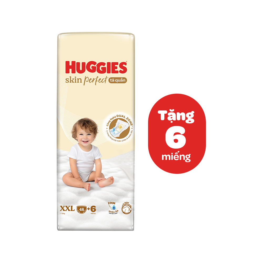 Tã quần Huggies Skin Perfect XXL Super Jumbo 48+6 miếng với 2 vùng thấm giảm kích ứng da