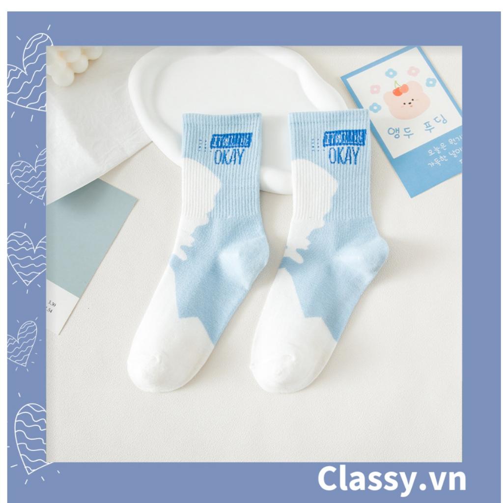 Tất cổ cao Classy, vớ cổ cao màu xanh trắng, chất cotton êm chân G1354