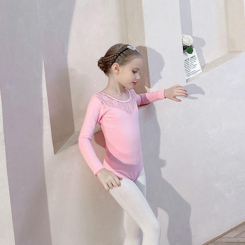 Đầm múa Ballet cao cấp mẫu viền ren ngực - Màu Hồng - Tay dài