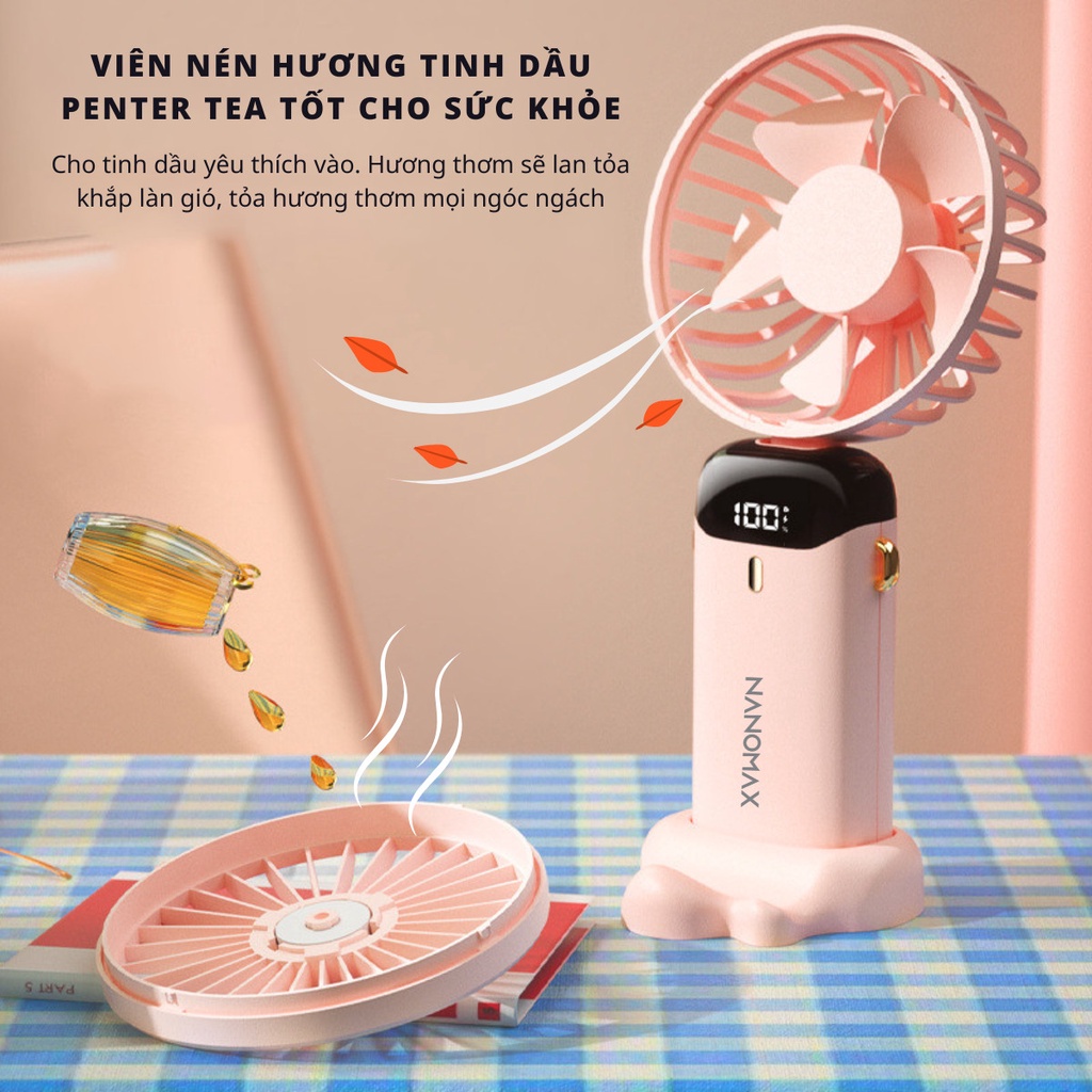 Quạt Mini Cầm Tay N15 Gấp Gọn Để Bàn, Đeo Cổ, Sử Dụng Liên Tục Lên Đến 24 Tiếng, Pin Lithium Lõi Kép