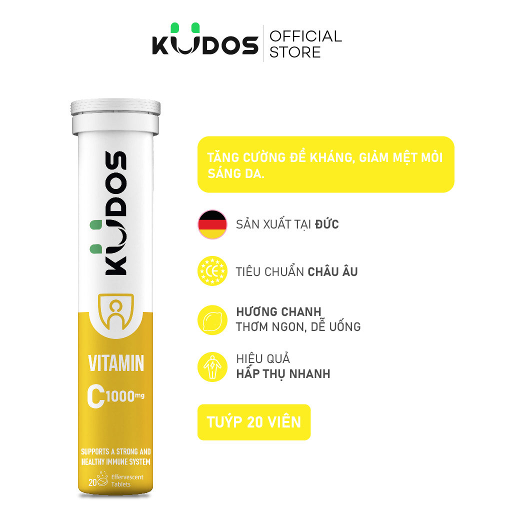 Viên sủi vitamin C KUDOS VITAMIN C 1000 mg giúp tăng đề kháng, sáng da, hương Chanh (20 viên/ Tuýp)