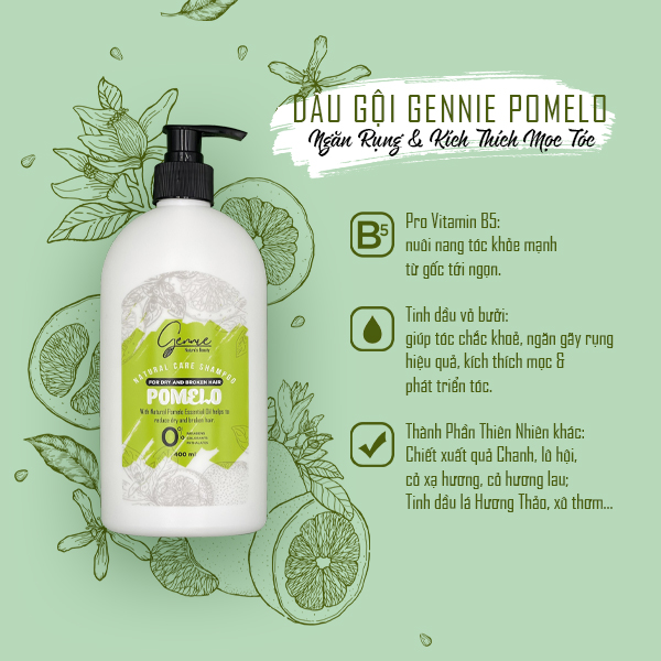 Dầu Gội Gennie Natural Care Tinh Dầu Bưởi Dành Cho Tóc Khô Và Dễ Gãy 400ml Chính Hãng