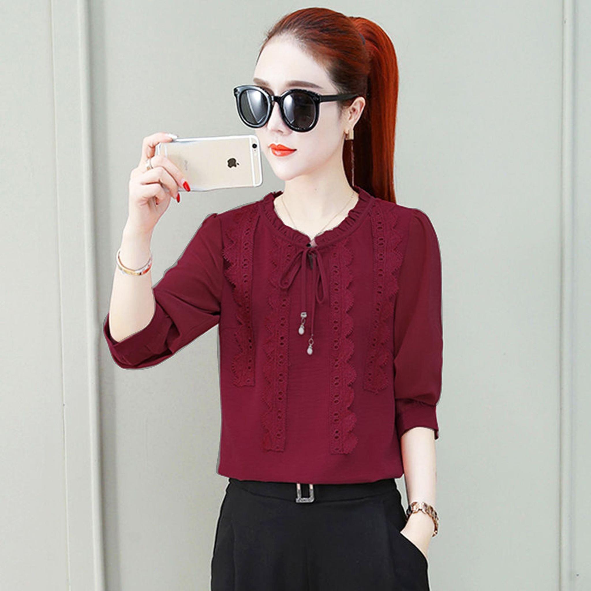 Áo Sơ Mi Nữ Áo Nữ Áo Kiểu Áo Phối Ren Cổ Thắt Nơ  -  N604
