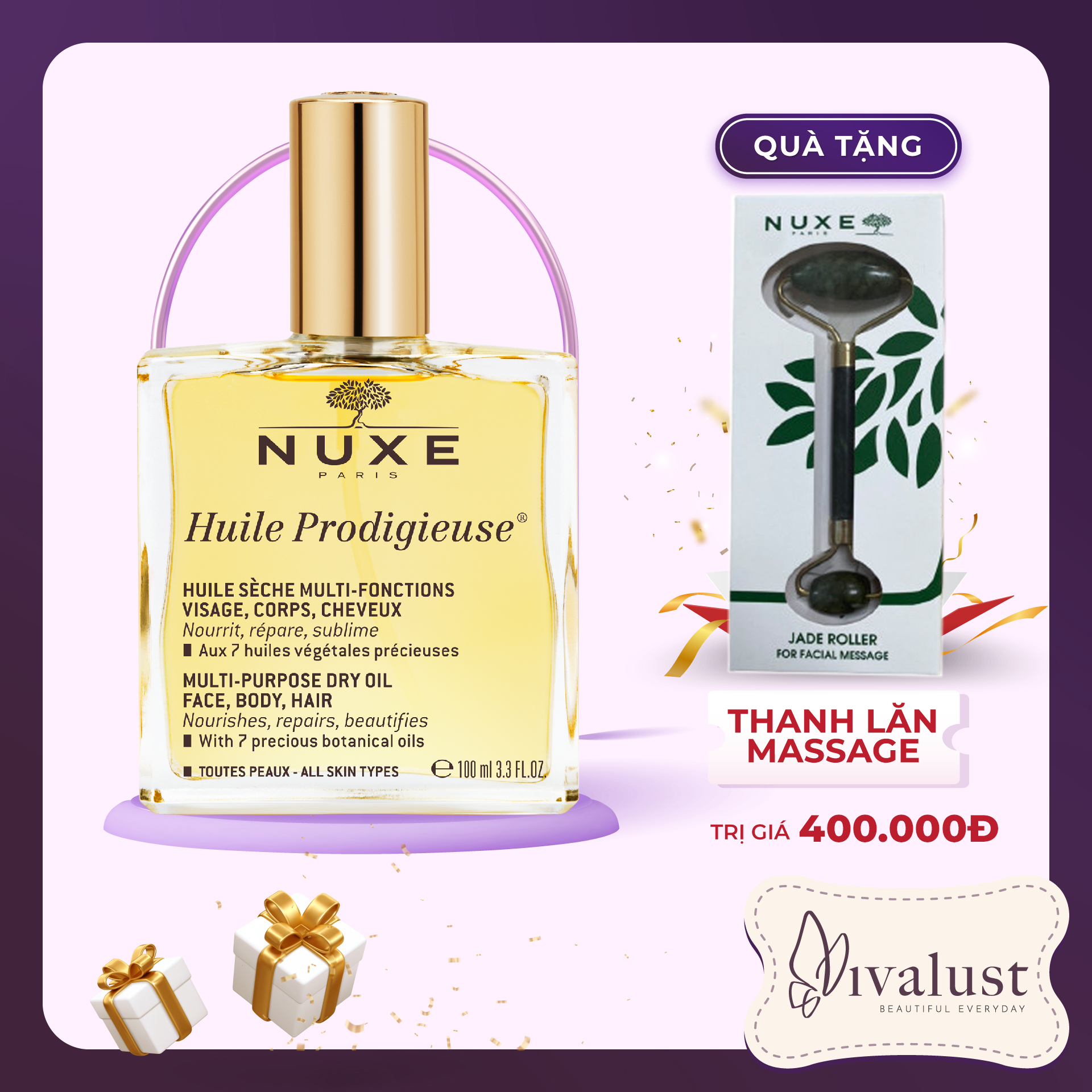 Dầu khô đa năng Nuxe Huile Prodigieuse Dưỡng Ẩm Cho Mặt, Tóc và Body (100ml) + Quà tặng