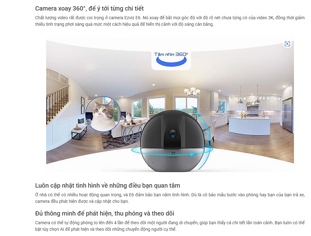 Camera Wifi EZVIZ E6 5MP xoay 360 độ. Auto zoom hình, tự động thu phóng, chống ngược sáng true wdr. vẫy tay gọi điện - Hàng chính hãng
