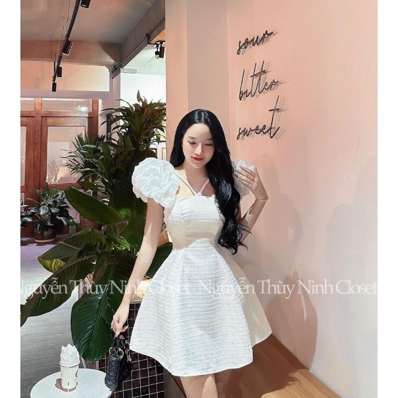 Đầm body nữ dạ xước phối tơ vai bồng xinh xinh duyên dáng