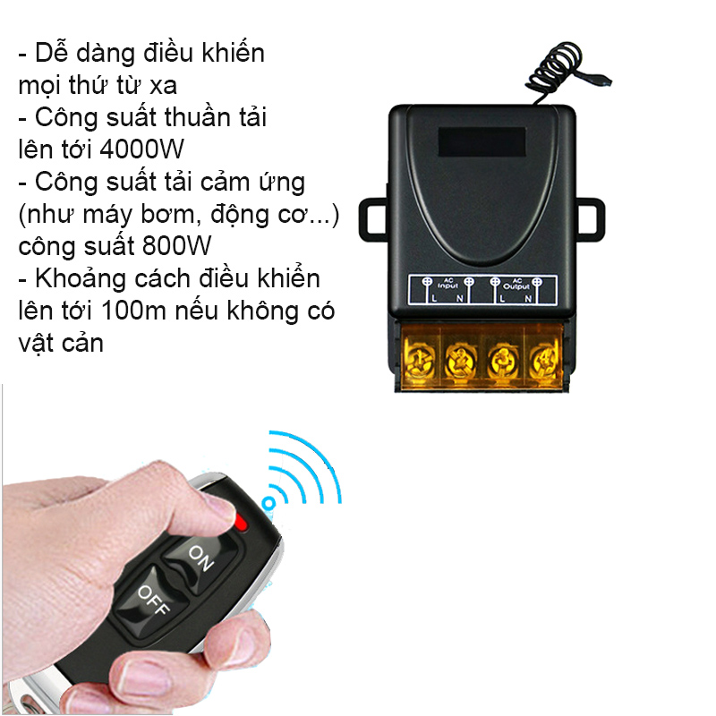 Bộ công tắc điều khiển từ xa 220V-20A, 800W-4000W sóng RF 433Mhz (Gồm tay remote và 01 bộ nhận)