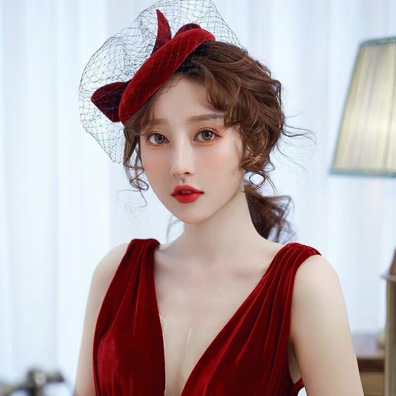 Mũ nón chụp hình thời trang nhung đỏ đồ nơ lưới 3/2021 giangpkc sp220782
