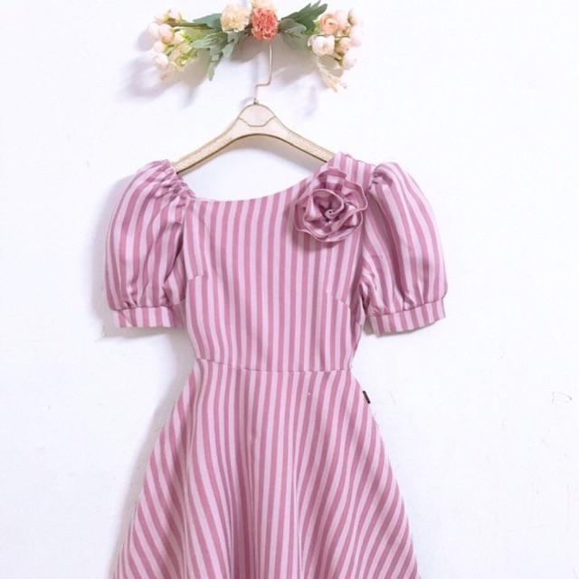 ĐẦM XOÈ HỒNG SỌC HOA CÀI -MS11-Có size M/L/XL/2XL đến 70kg MMR