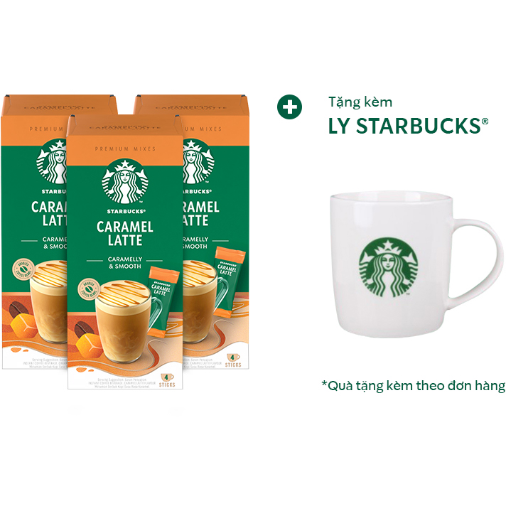 Combo 3 hộp Cà phê hoà tan cao cấp Starbucks Caramel Latte (Hộp 4 gói x 23g) - [Tặng 1 Ly sứ Starbucks]